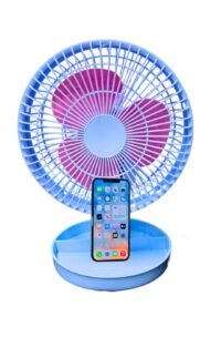 Ventilador de escritorio con porta celular celeste