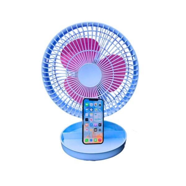 Ventilador de escritorio con porta celular celeste